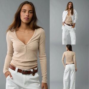 American Eagle AE Women's Long Sleeve Henley T-Shirt Top Size XL Oatmeal Heather